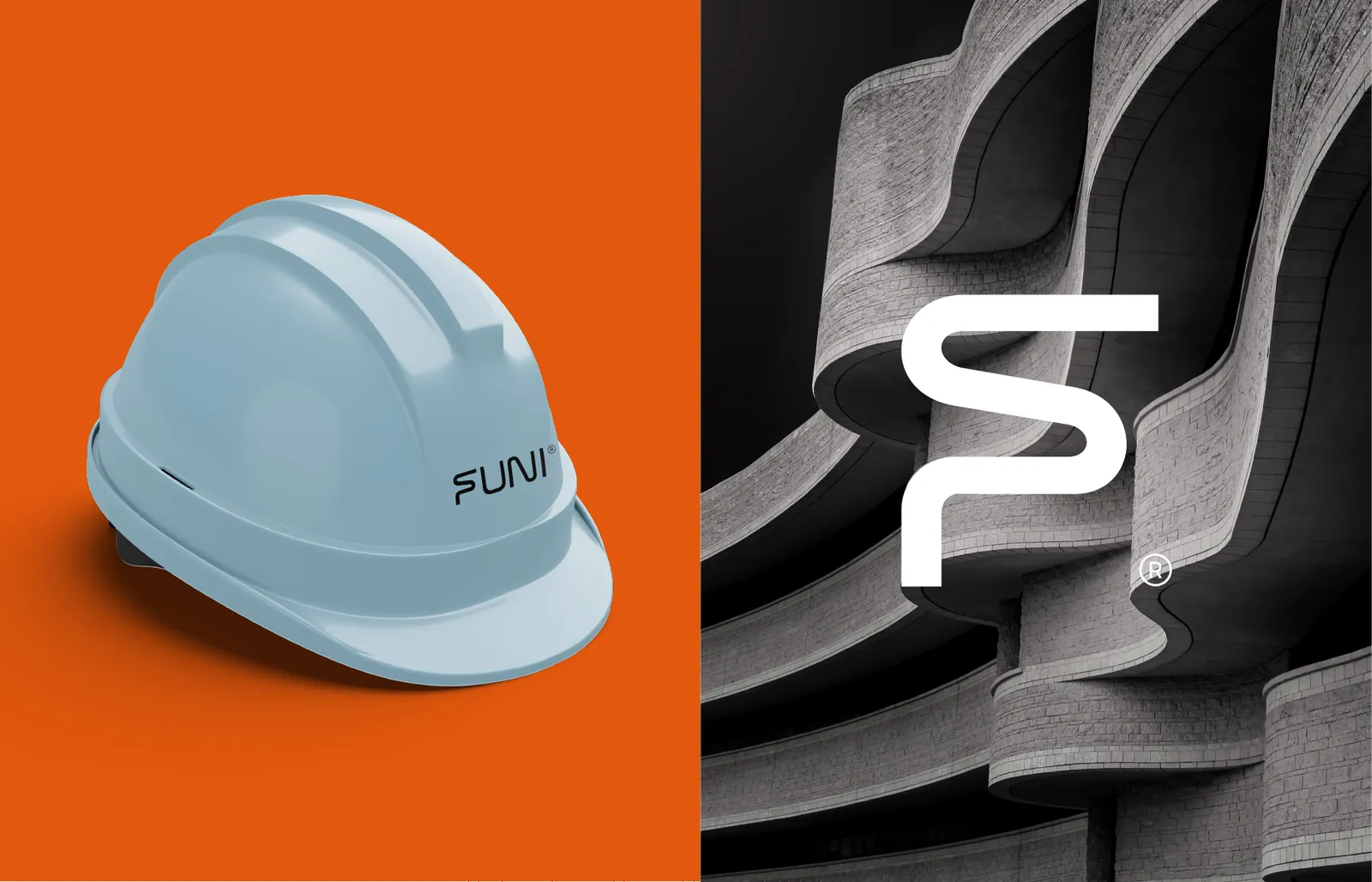 Capacete azul com o logo da Funi sobre fundo laranja, ao lado do símbolo da Funi sobre uma fachada de concreto curva
