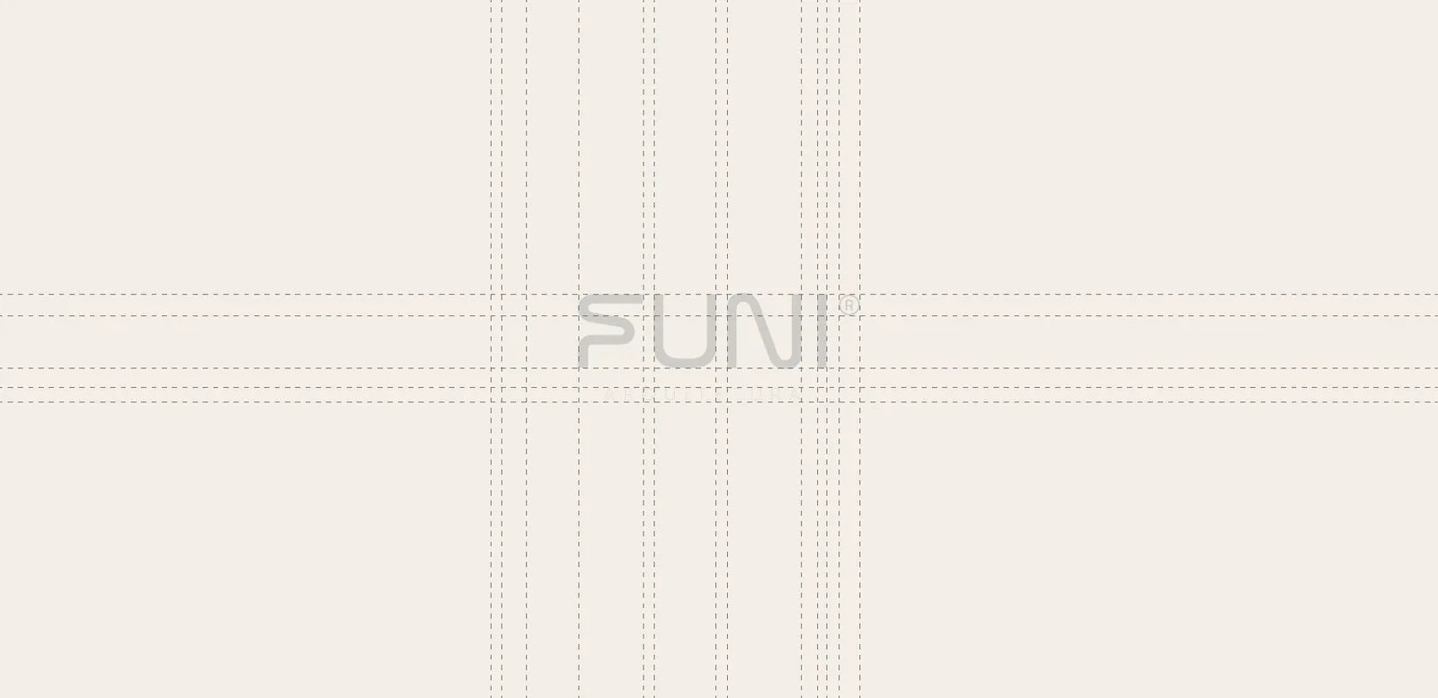 Linhas guia da construção do logo da Funi sobre fundo areia