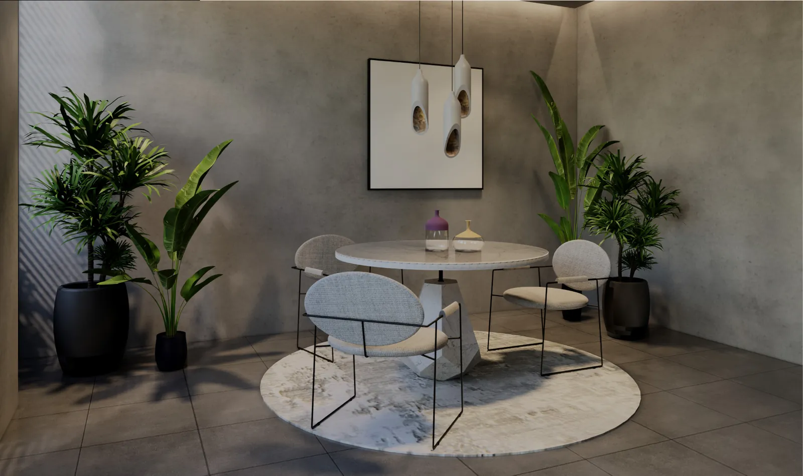 Sala de jantar com mesa redonda, cadeiras e plantas em um ambiente de concreto