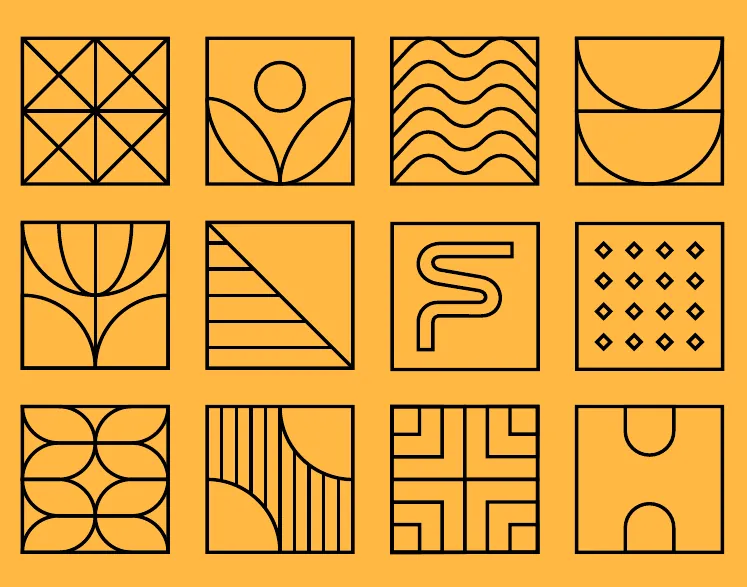 Doze elementos gráficos em linha, inspirados em azulejos decorativos