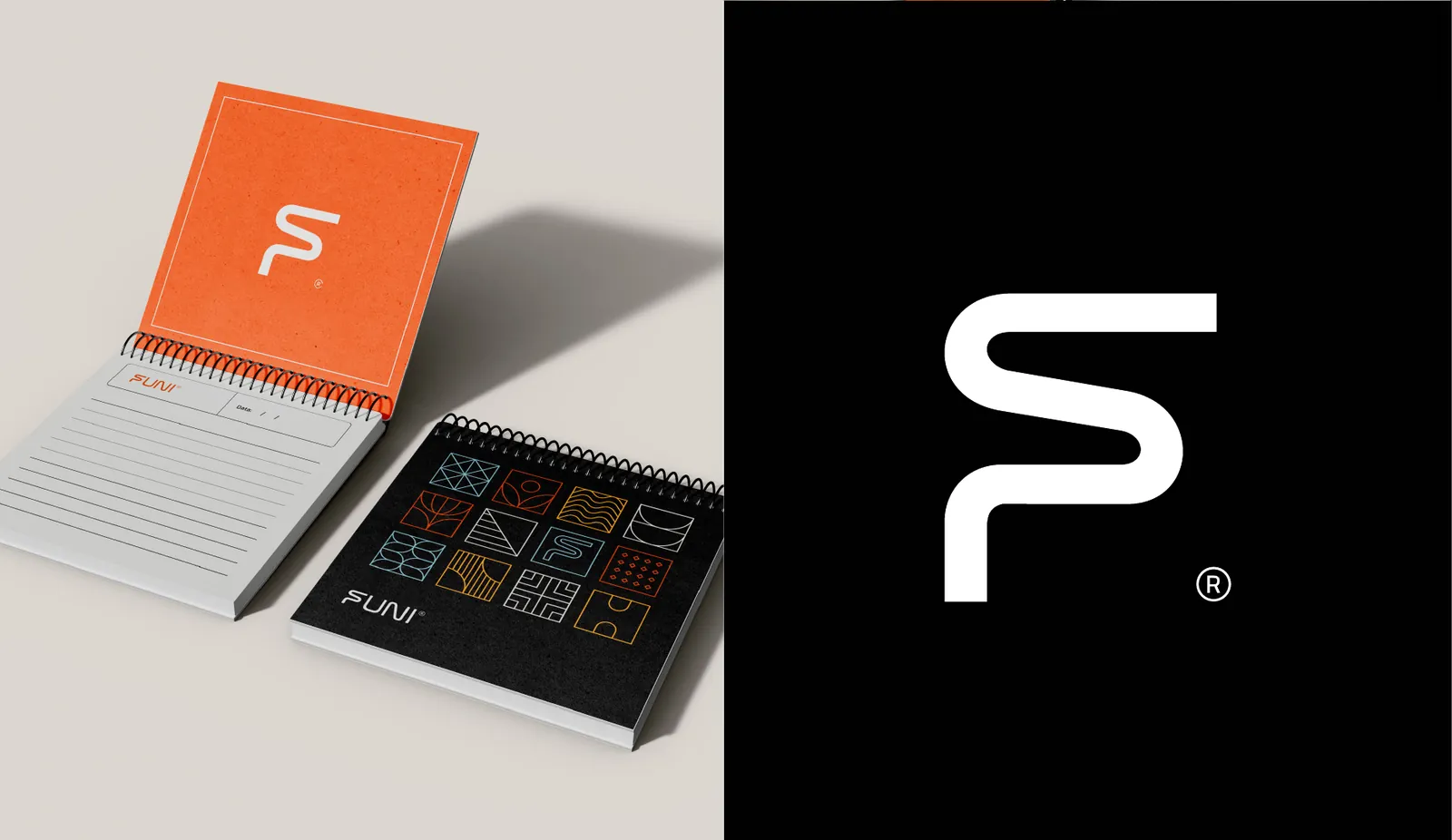Caderno com capa laranja e o símbolo da Funi, ao lado do símbolo em branco sobre fundo preto