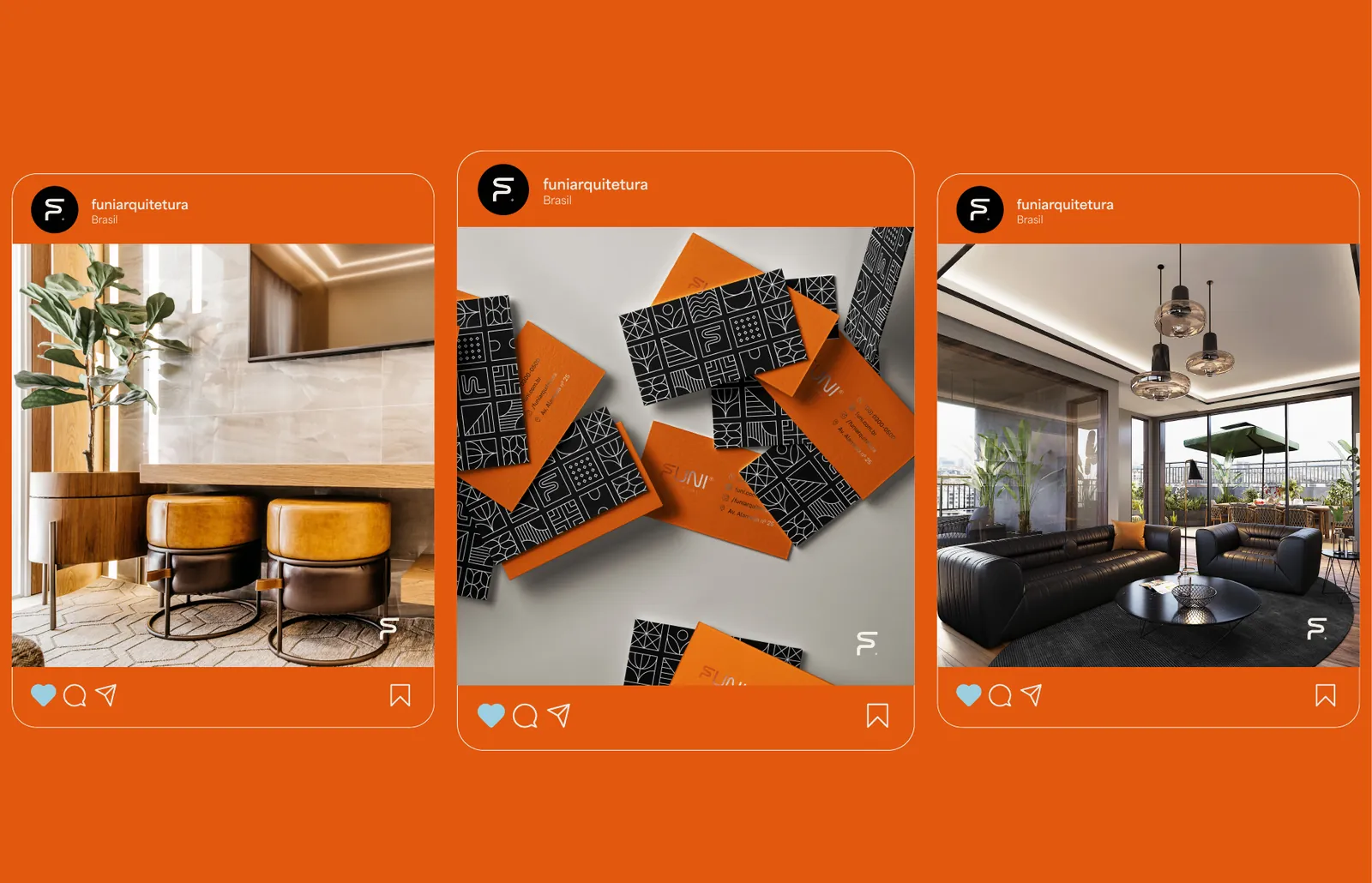 Três publicações do Instagram da Funi, com ambientes e os cartões de visita