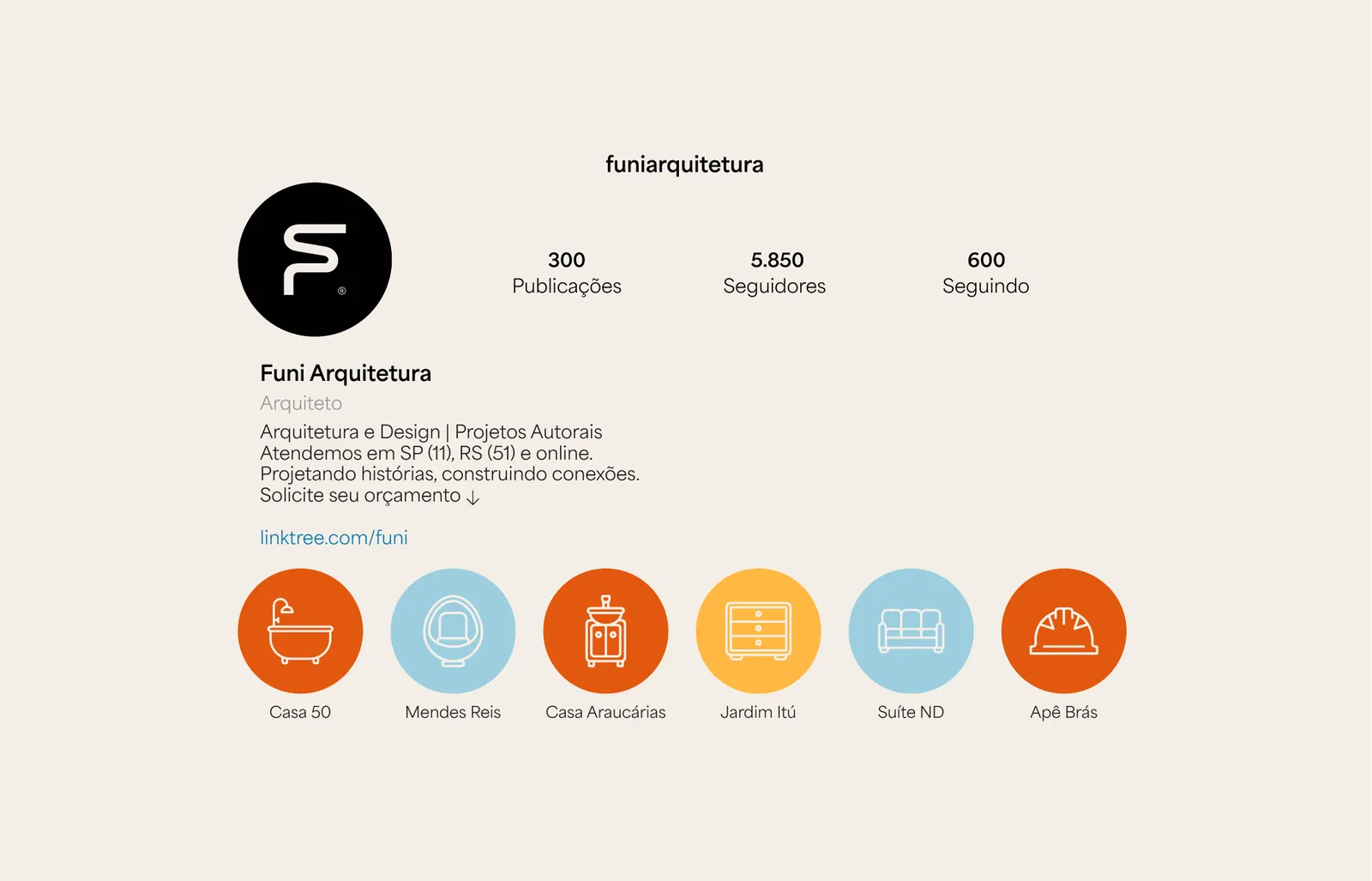 Perfil do Instagram da Funi Arquitetura, com os destaques em círculos coloridos