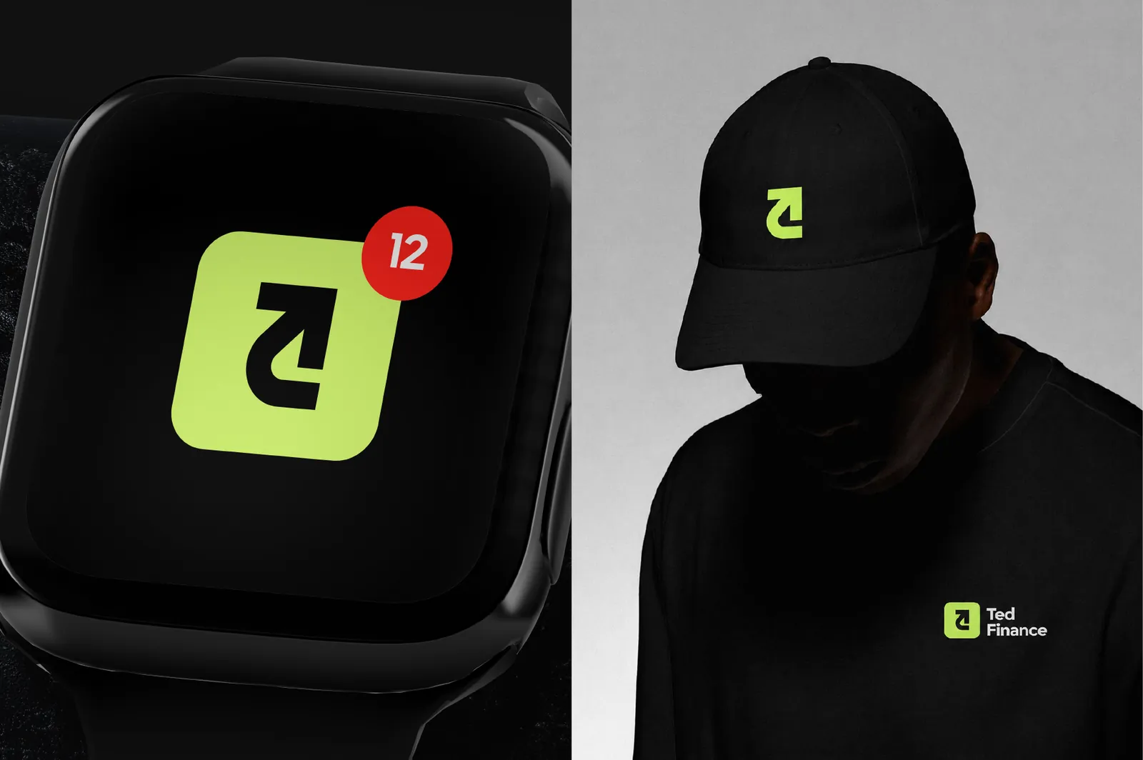 Smartwatch com o ícone do app e pessoa de boné e camiseta com o logo da Ted Finance